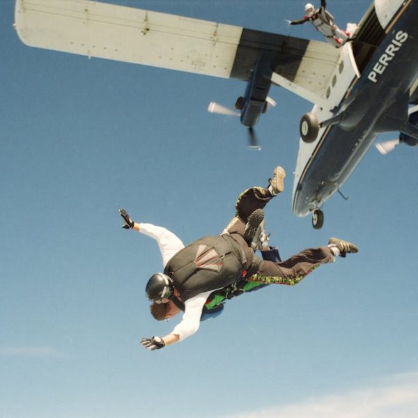 Thrilling skydivers freefall from an airplane above Baldwin, WI.